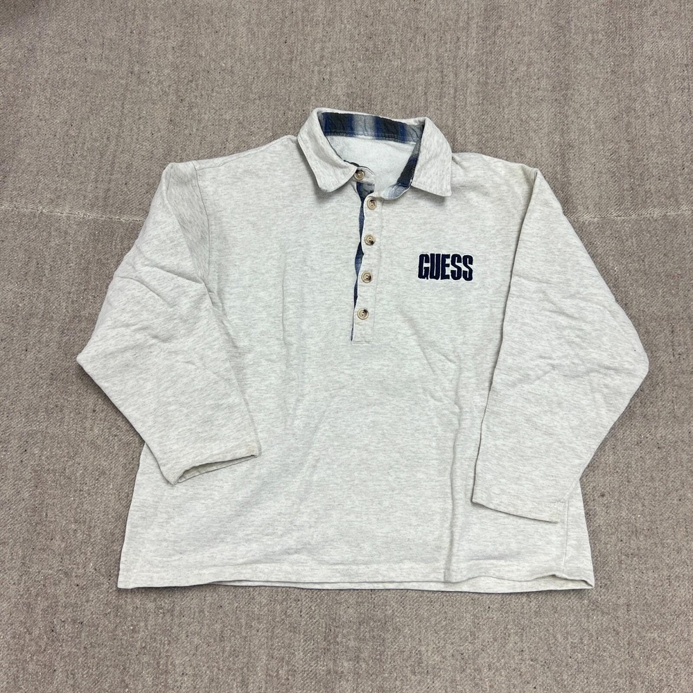 Vintage Guess Sweatshirt Mens Medium‎ Gray 90s Collared Button Up Embroidered